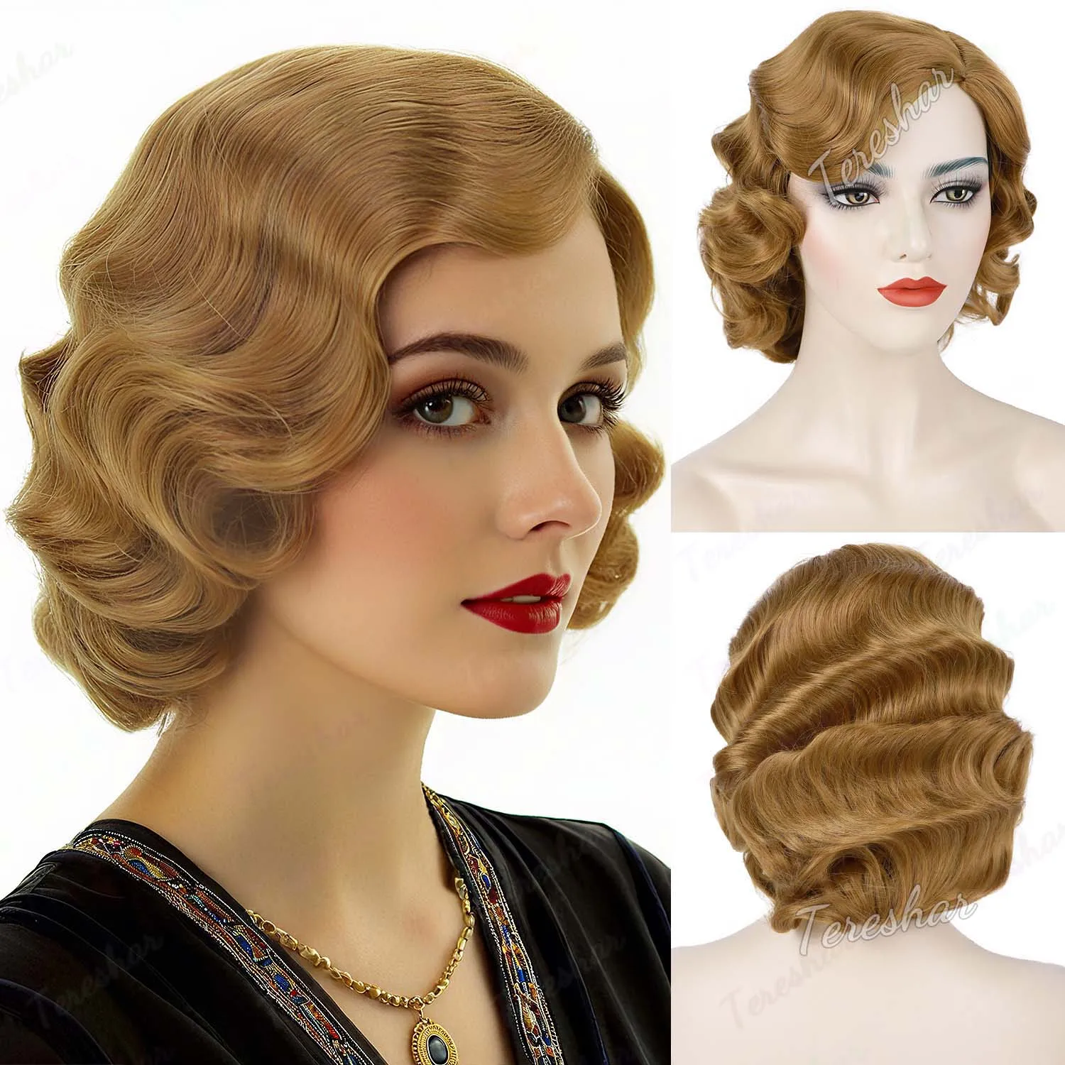 

Synthetic Short Brown 1920s Wig for Women Gatsby Roaring 20s Finger Wave Party Full Vintage Wigs 1920 Flapper Lady Cosplay Wig