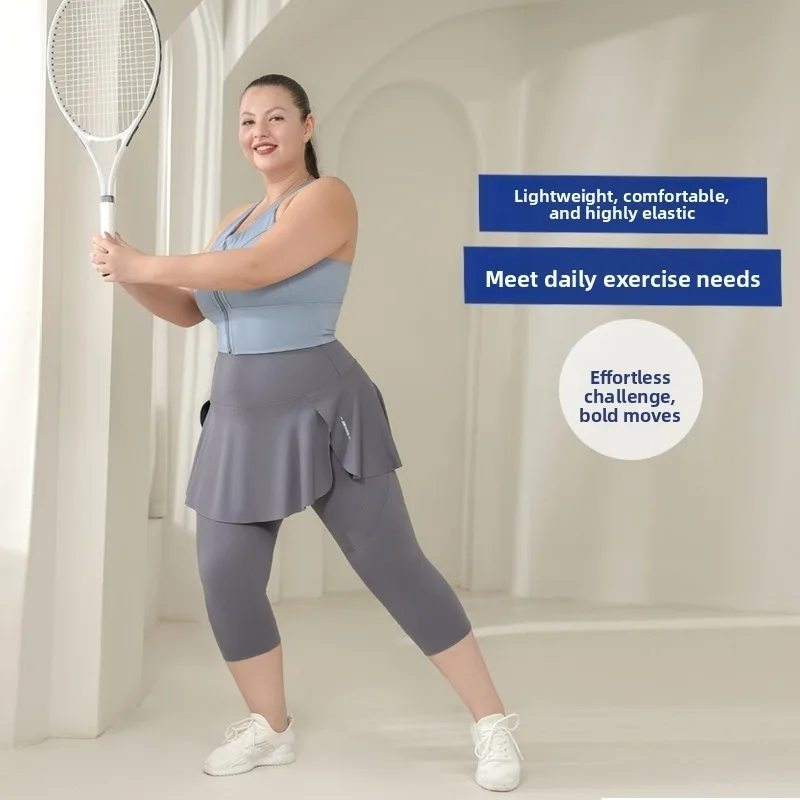 Gonna-pantalone sportiva a vita alta con apertura all'inguine, taglie forti, design con tasche, lunghezza capri, per fitness e attività all'aperto, elasticizzata, traspirante e morbida