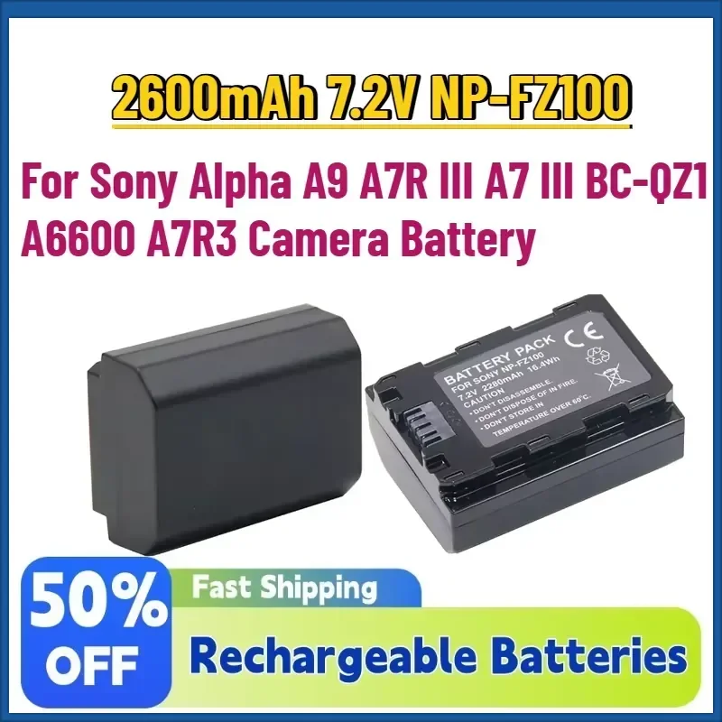 New In Stock 2600mAh 7.2V NP-FZ100 Rechargeable Batteries for Sony Alpha A9 A7R III A7 III BC-QZ1 A6600 A7R3 Camera Battery
