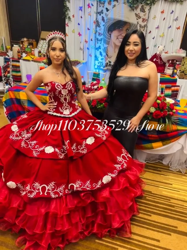 

Princess Red Ball Gowns Quinceanera Dresses Glitter Floral Embroidery Mexico 16 Sweetheart Corset Ruffle Poncho Customised