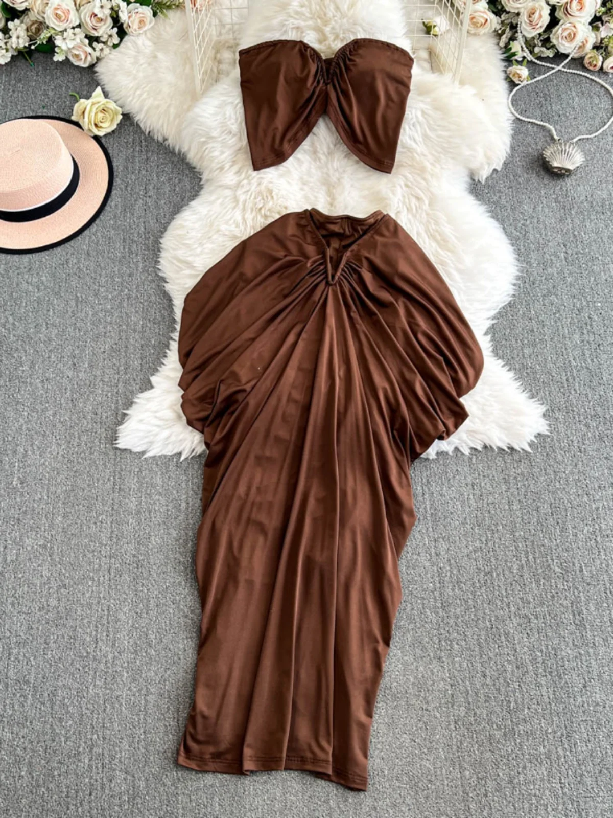 

Летняя туристическая пышная юбка с высокой талией, комплект женской облегающей юбки Pure Desire с открытым дизайном и нагрудником, топ-труба для похудения