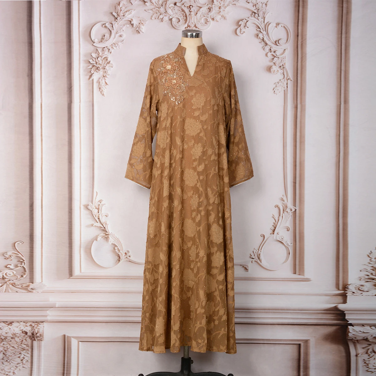 

Uni Muslim Elegant Diamonds Dress Floral Beading Abaya Dubai Mesh Sleeve Dresses For Women Gala