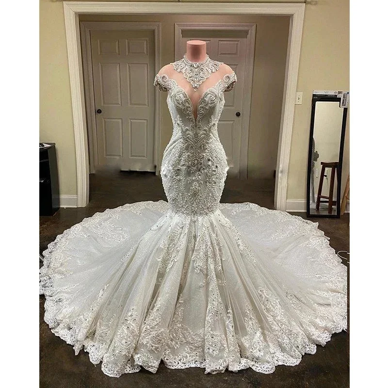 Customized Spark High Neck Appliques Crystals Beads Mermaid Wedding Dresses  Cap Sleeves Arabic Illusion Back Bridal Gown