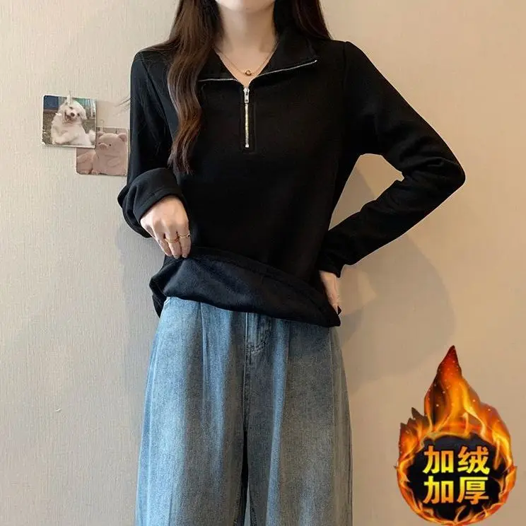 plus Size Women's Long Sleeve Fleece Lined Thick Warm Sweatshirt Autumn Winter Loose Fit Versatile Top Zipper Design Casual Wear