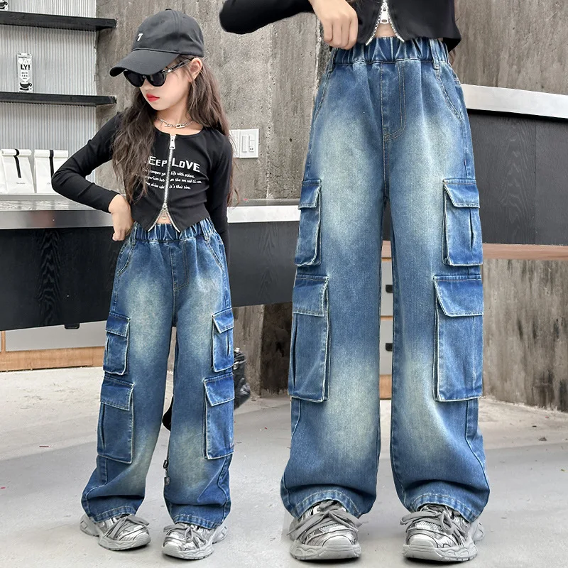 

Teenage Girls Five-pointed Gradient Overalls Jeans Spring Childen American Straight Leg Loose Wide-leg Pants Kids Trousers 5-14Y