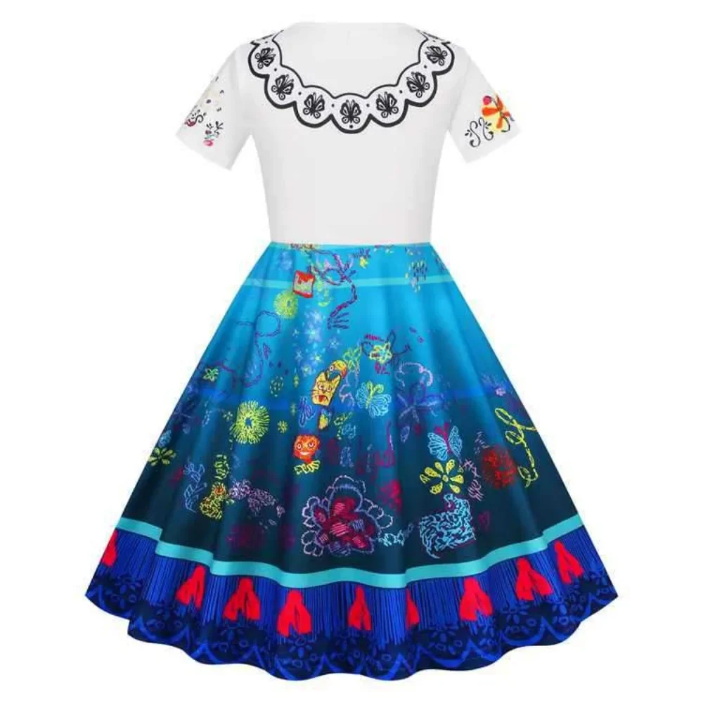 Summer Short Sleeved Girl's Dress with Tassel Patchwork Pleated A-line Dresses Flower Butterfly Print Children's Clothing+Bag