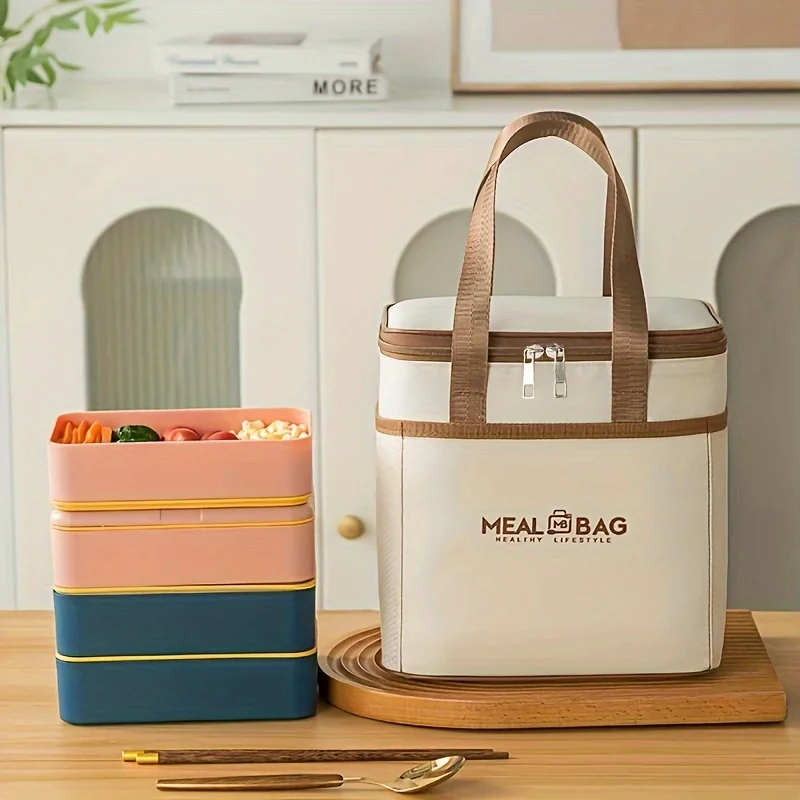 Foldable bento insulated bag, lunch storage bag, lunch bag, white Oxford square hand-held insulated bag, large capacity