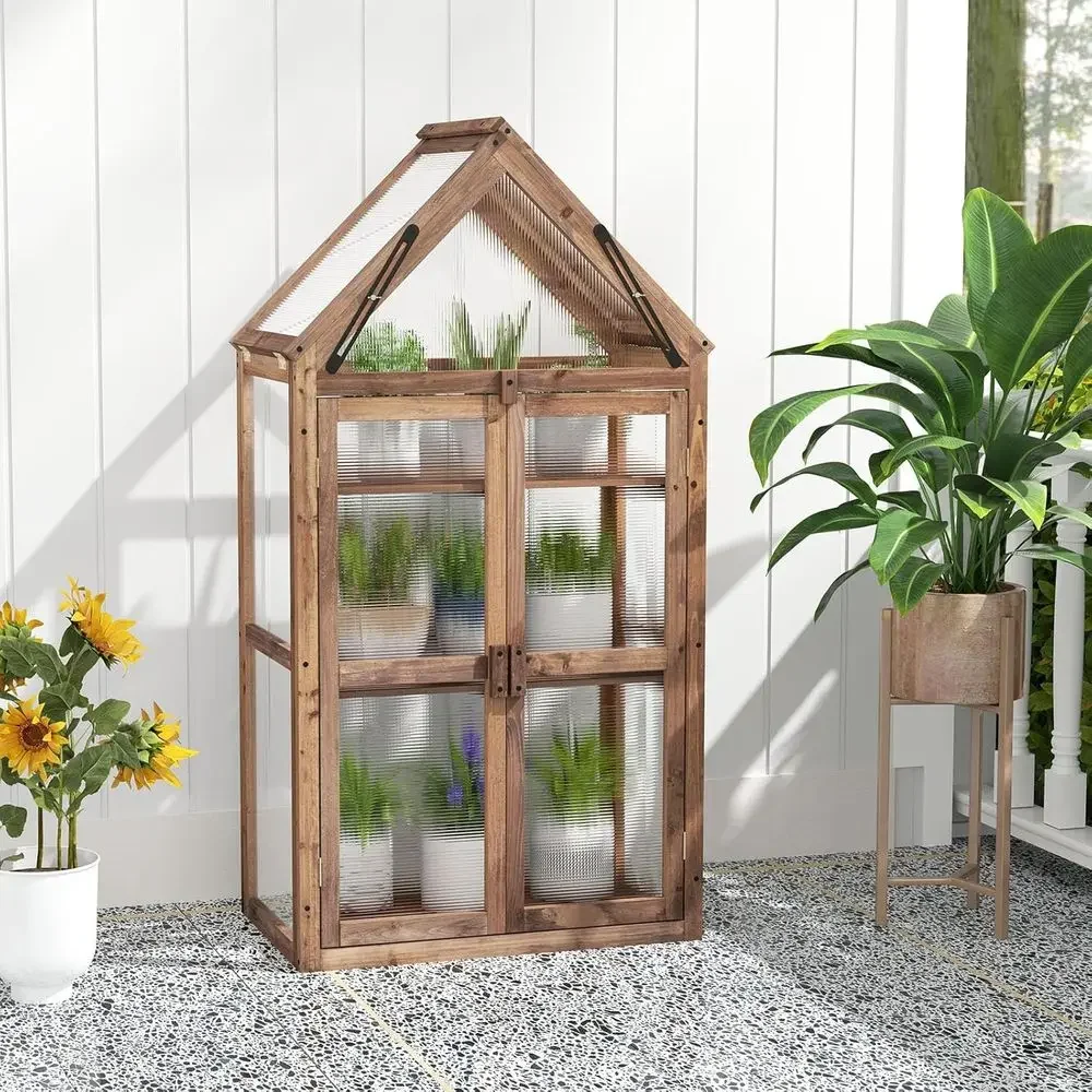 Mini Wooden Greenhouse with Transparent Roof, 3 Adjustable Shelves, and Polyethylene Panels for Indoor or Outdoor Use