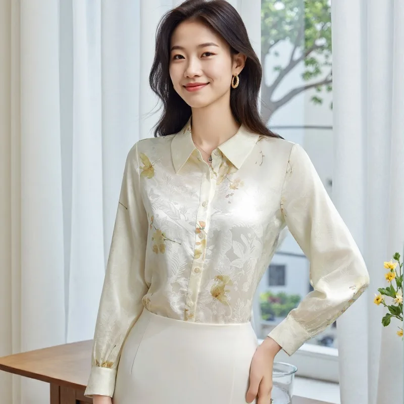 

Винтажные женские блузки с принтом, повседневные рубашки, модная свободная летняя одежда, атласные женские топы с длинными рукавами