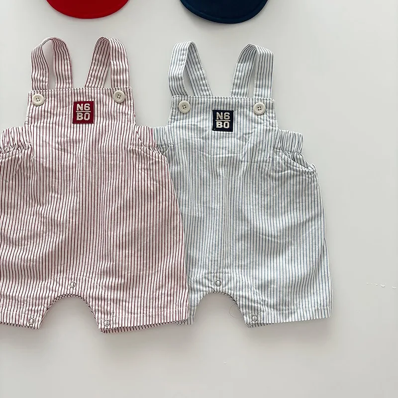 2026 Summer New Baby Short Sleeve O-neck T Shirts + Overalls 2pcs Suit Infant Boy Fashion Striped Jumpsuit Toddler Clothes Set