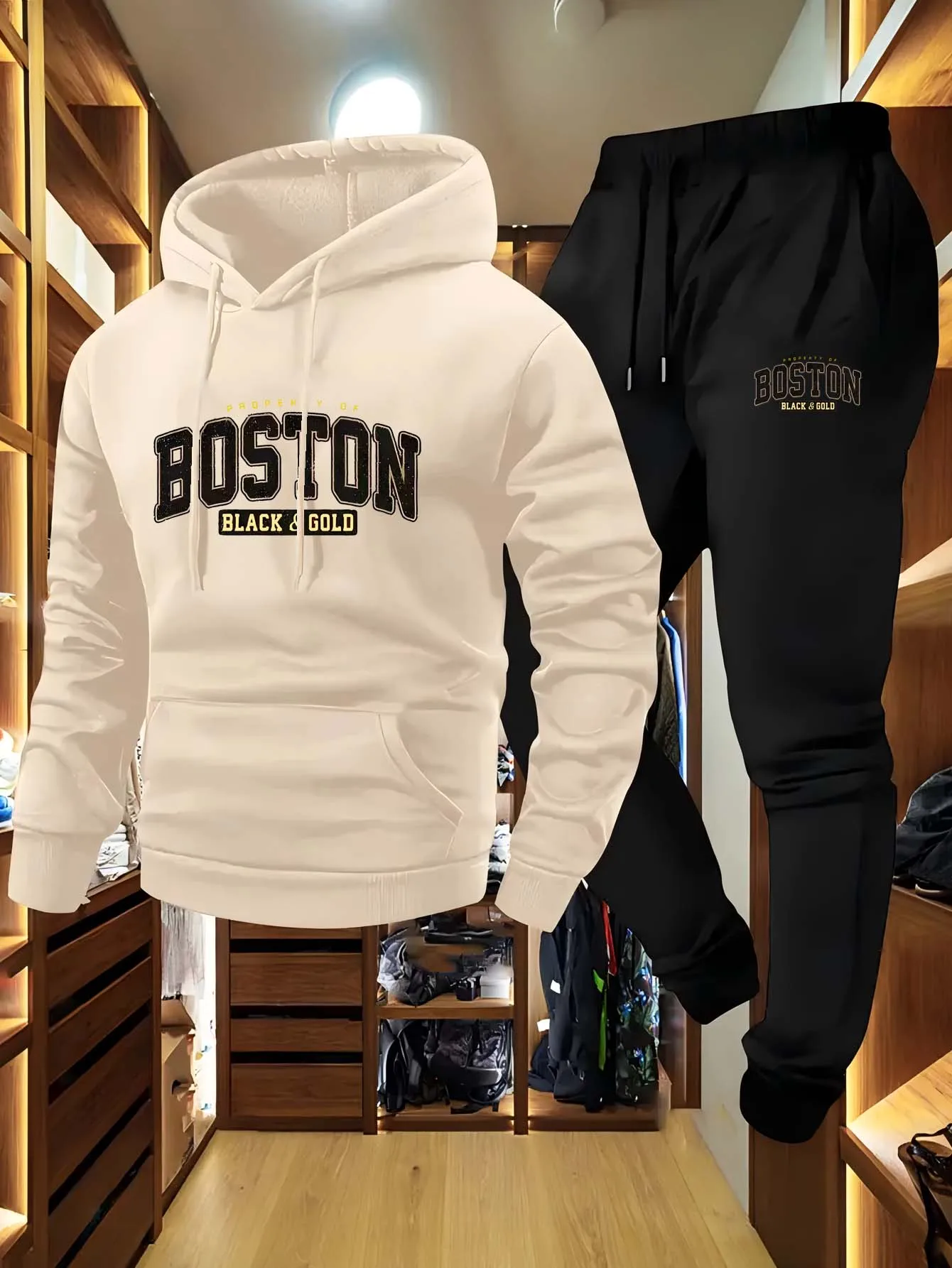 Conjunto de sudadera con capucha y pantalones de chándal informales de 2 piezas para hombre - Conjunto de deportes al aire libre para hombre con estampado de letras de Los Ángeles con capucha larga S