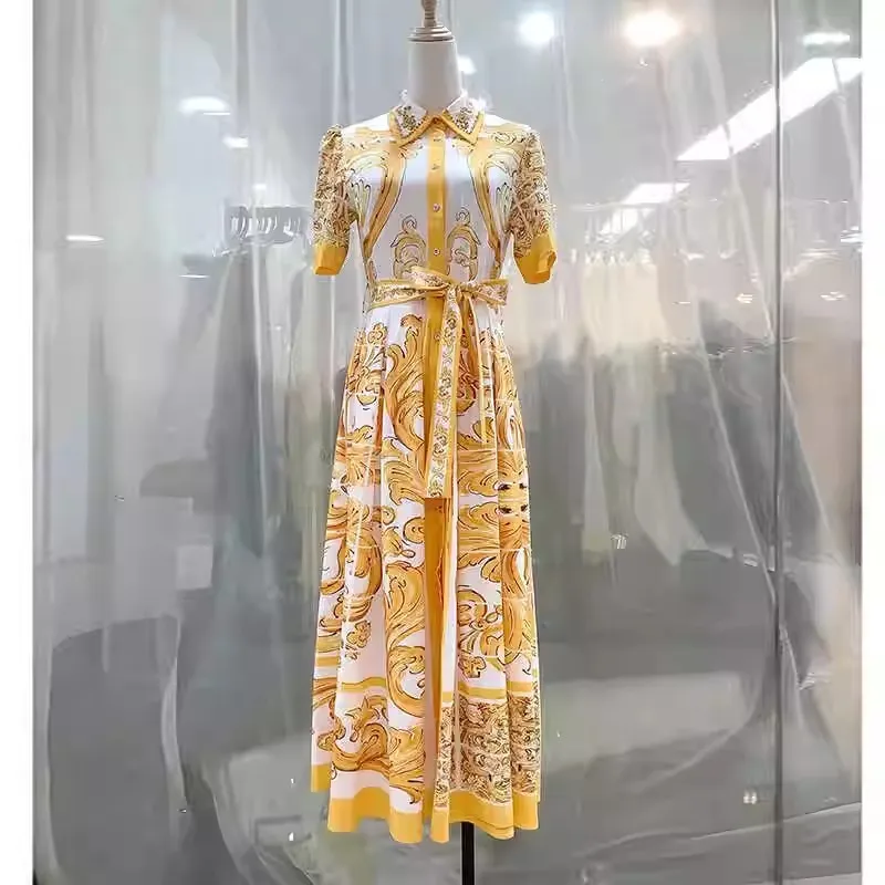 Summer Holiday Yellow White Porcelain Print Golden Shirt Dress Women's Short Sleeve Pearls Buttons Lace Up Belt Midi Party Robe