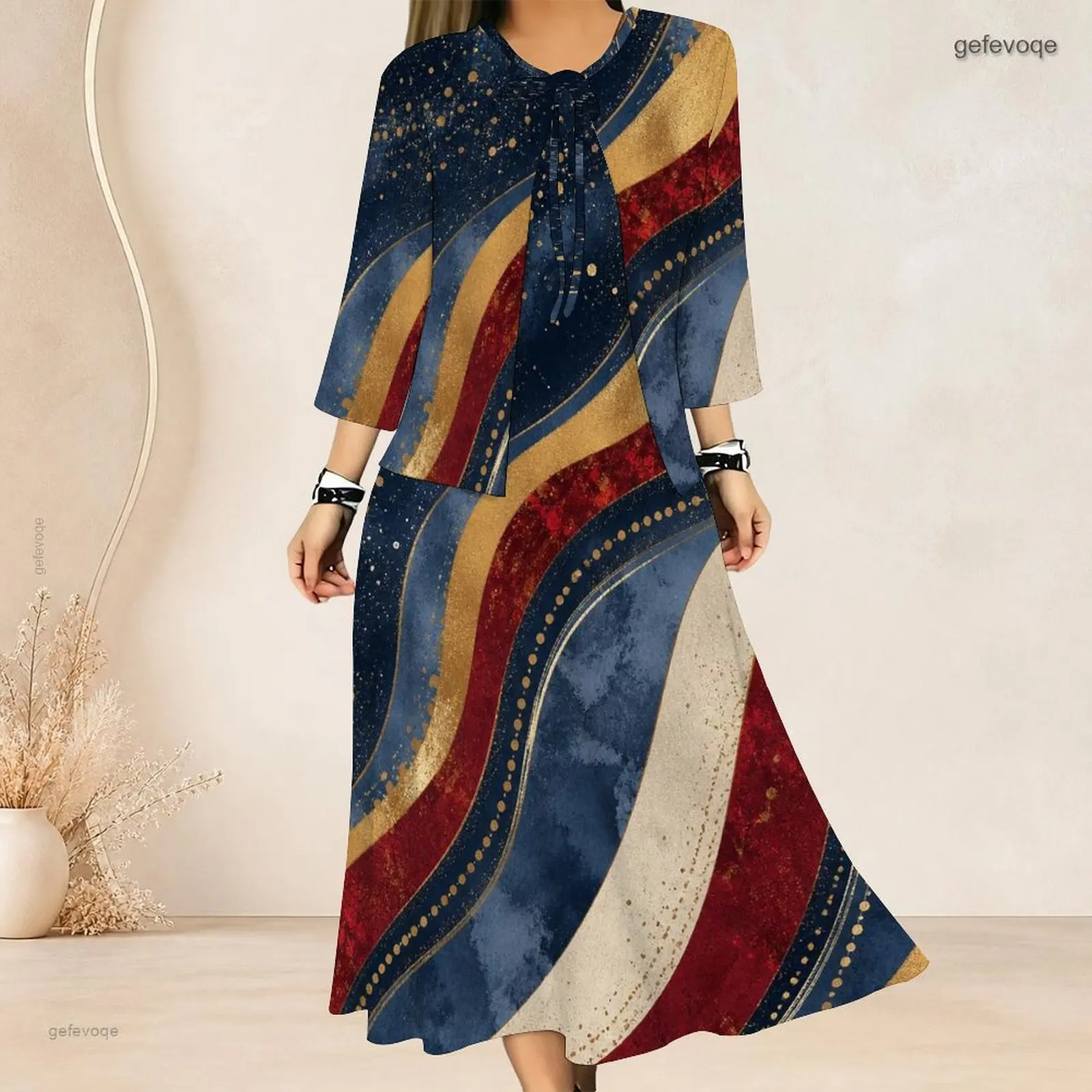 Women Abstract Wavy Stripe Printed 3/4 Sleeve Tie Neck Two Piece Long Dress Set