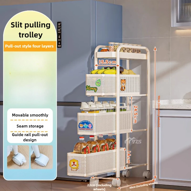 Carbon Steel Pull-Out Refrigerator Gap Organizer Rustproof Slim Storage Cart with Wheels for Kitchen Bathroom Home Use