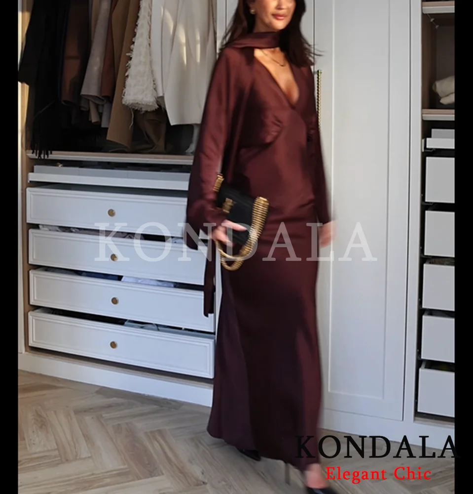 KONDALA Abito lungo da donna in raso con scollo a V per festa di Natale 2026 Abito da donna elegante per le vacanze di moda primavera inverno 2026