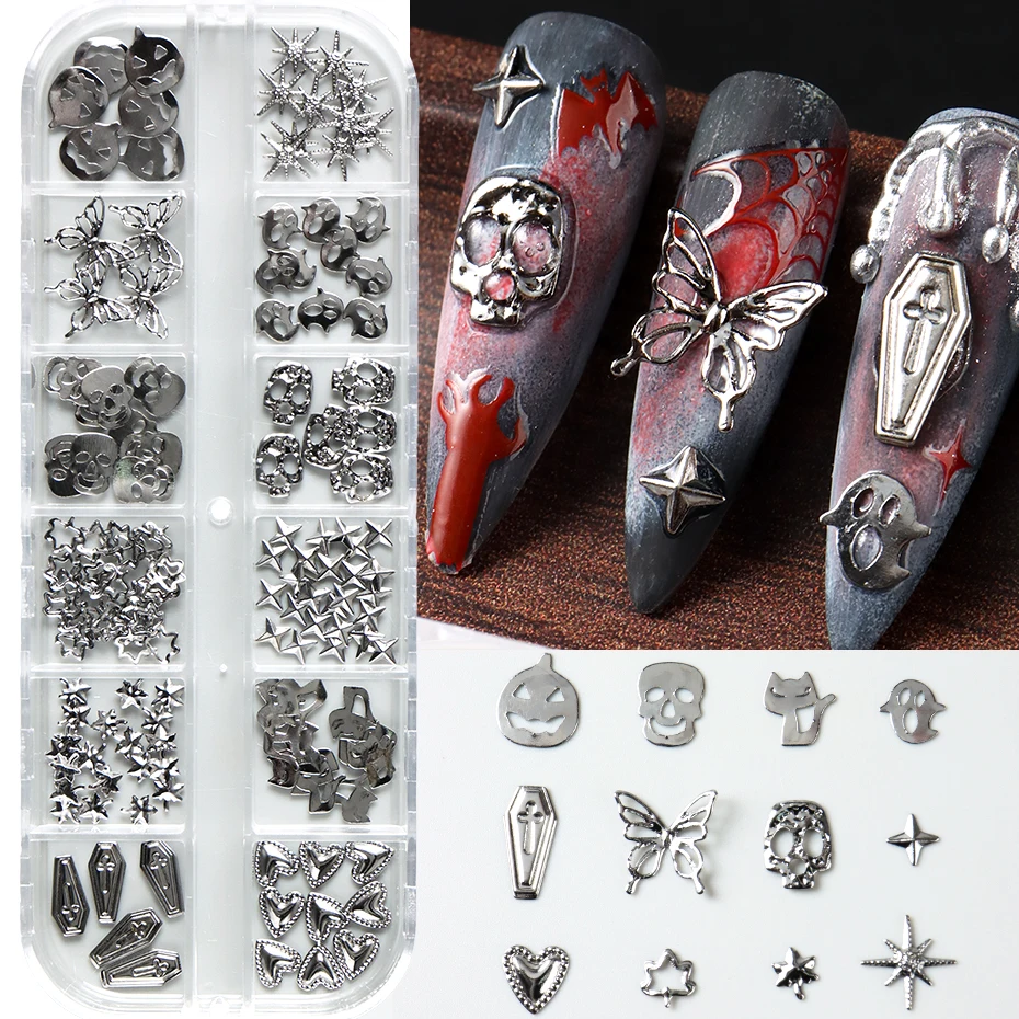 12 Gitter Silber Metall Halloween Nail Art Dekorationen Y2K Gothic Gruselige Katze Totenkopf Sarg Schmetterling Stern Herz Maniküre Nageldekor