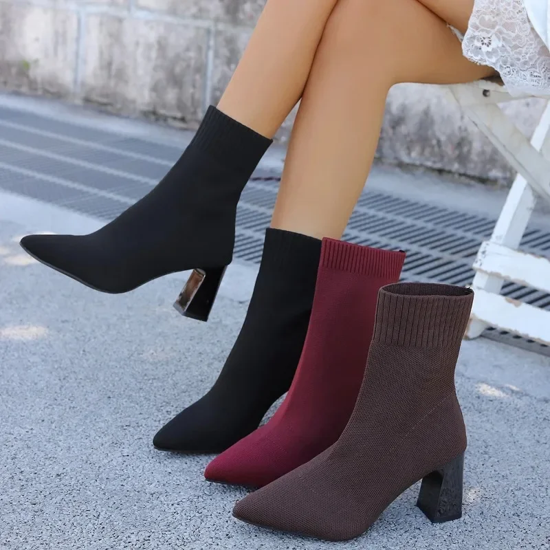 Women's Fashion Ankle Boots Winter Pointy Solid Color Stretch Knitted Sock Boots Women Chunky Slip on Plus Size Shoe Botas Mujer