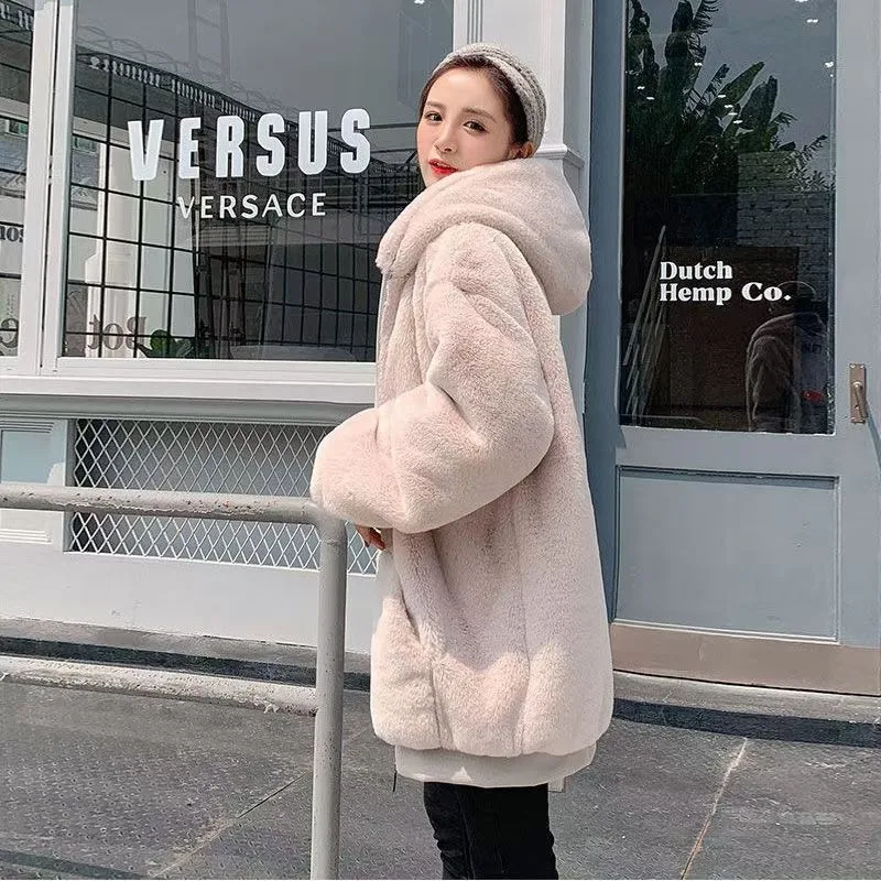 Women Autumn Solid Colors Hoodies Faux Fur Coats Loose Casual Outwears Zipper Big Pockets Hooded Coats Black Apricot Sweatshirts