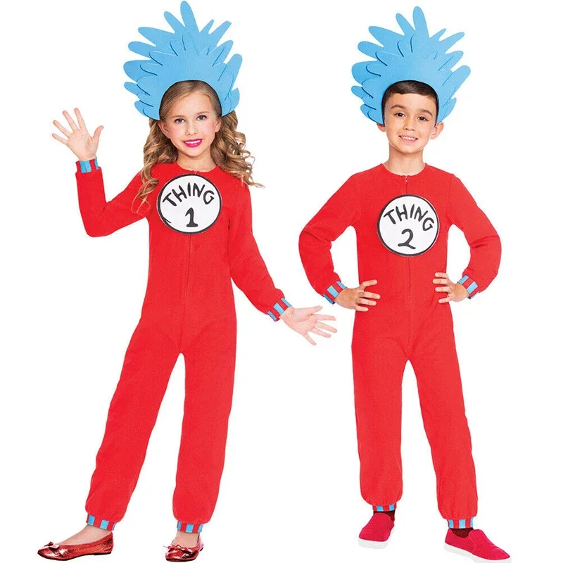 Child Thing 1 & Thing 2 One Piece Costume Boys Girls Jumpsuit Headband Set Unisex Halloween Costume Kids