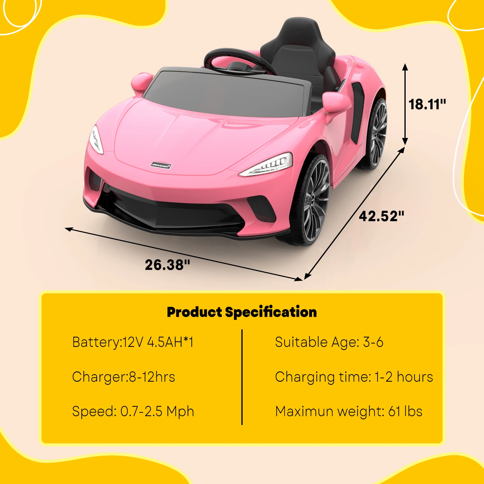 Ride on Car voor kinderen, 12V gelicentieerde McLaren batterij-aangedreven sportwagen met 2 snelheden, ouderbediening, geluidssysteem met LED-koplamp