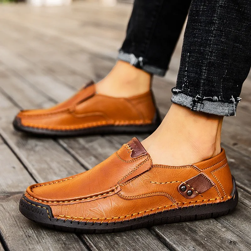 Men Brown Slip‑On Casual Loafers Shoe Hand‑Stitching Genuine Cowhide Flat Non‑Slip Rubber Sole Comfortable Daily Driving Walking