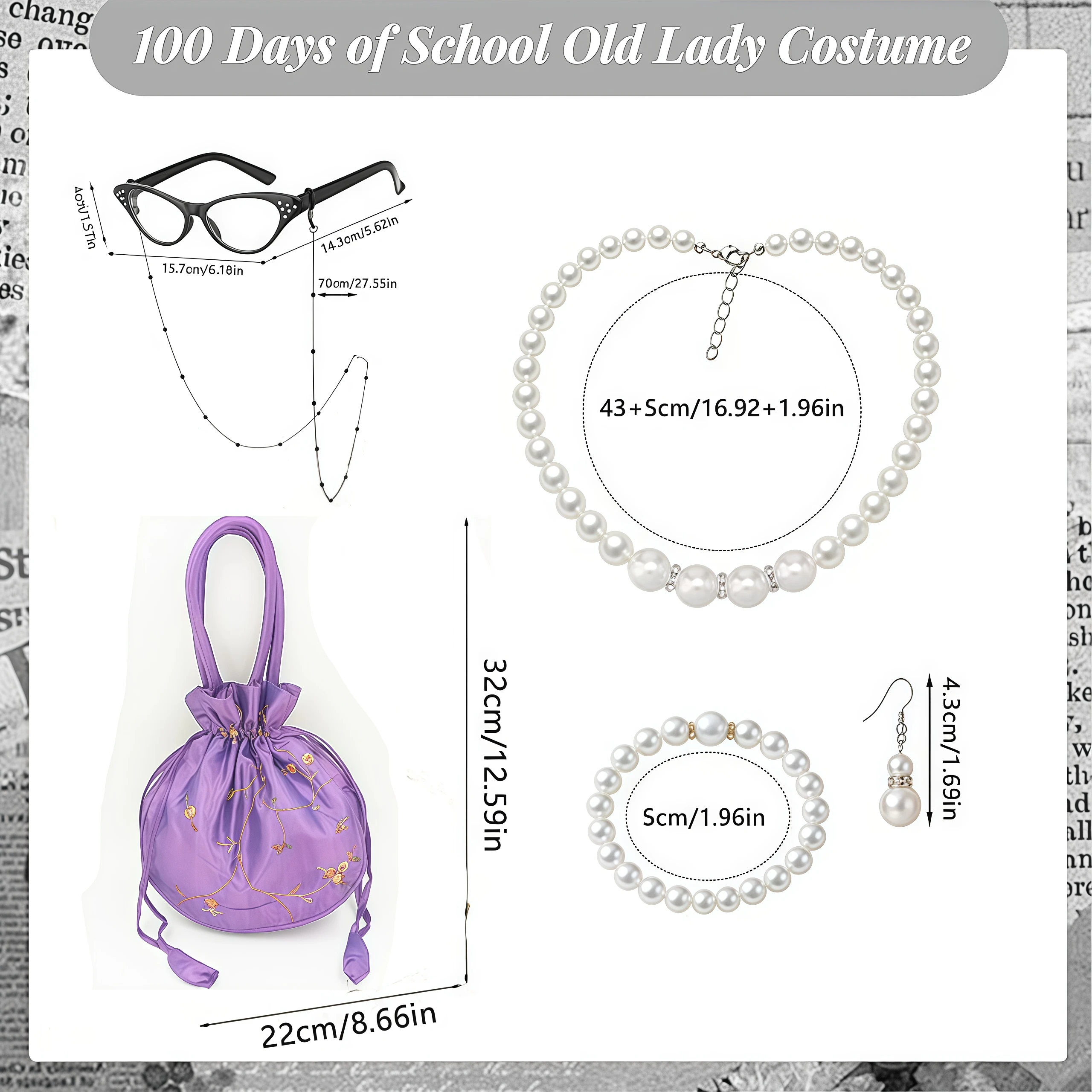 مجموعة أزياء السيدة العجوز للأطفال 100 يوم من المدرسة الجدة رمادي شعر مستعار نظارات للفتيات أداء لعب الأدوار في الهالوين ملحق الجدة #3
