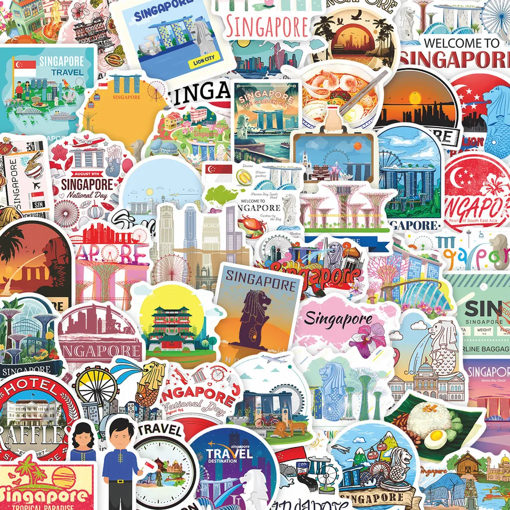50 pegatinas impermeables con dibujos de lugares emblemáticos de Singapur, calcomanías para equipaje, papelería, bricolaje, tienda AnimeWorlds