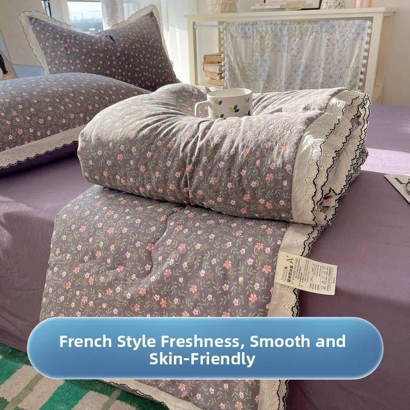 Washable Cotton Double Layer Ruffle Summer Quilt Air Conditioner Quilt Machine Washable Summer Person Dormitory Blanket Gift