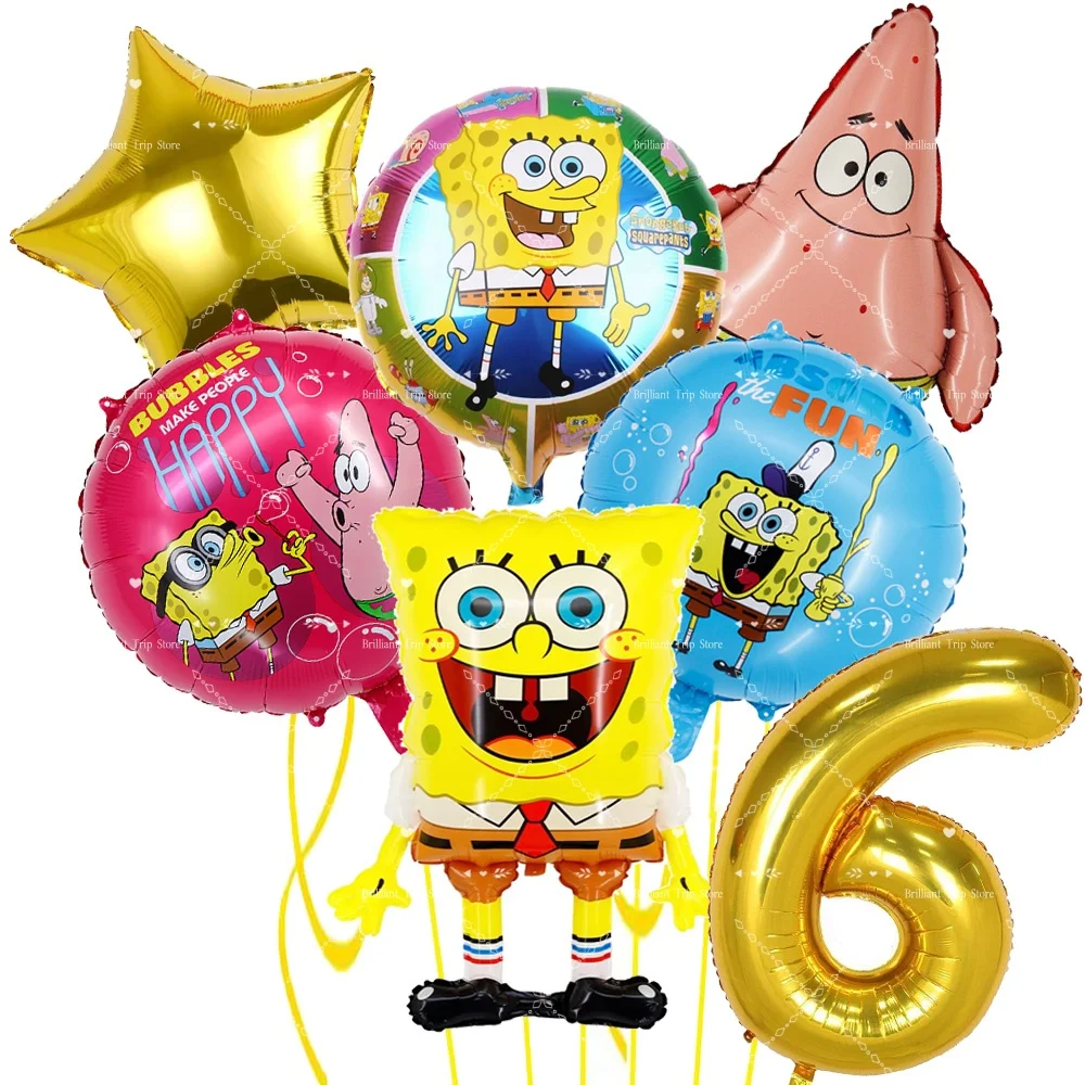 3/6/7Pcs SpongeBob SquarePants & Patrick Star Foil Balloons Set With Cake Topper Happy Birthday Banner Kids Birthday Party Decor view 2