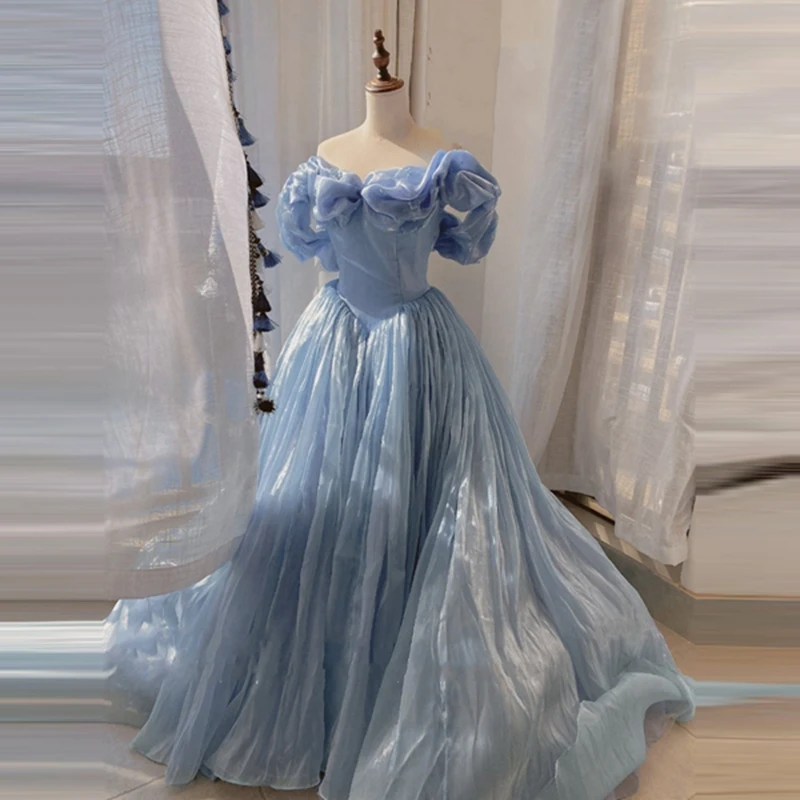 

Preincess Blue Tulle A Line Prom Dresses Off The Shoulder Puffy Tiered Mesh Formal Party Dress Elegant Ruffles Prom Gowns