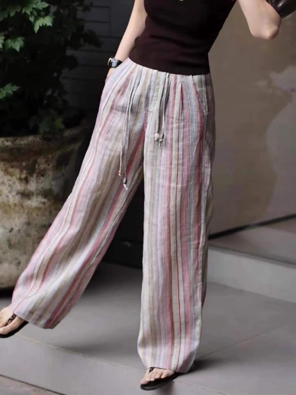 Pantaloni Casual Estivi 2025 Nuovi, Morbidi e Larghi a Righe in Cotone e Lino da Donna, a Vita Alta, Gamba Larga, Effetto Snellente