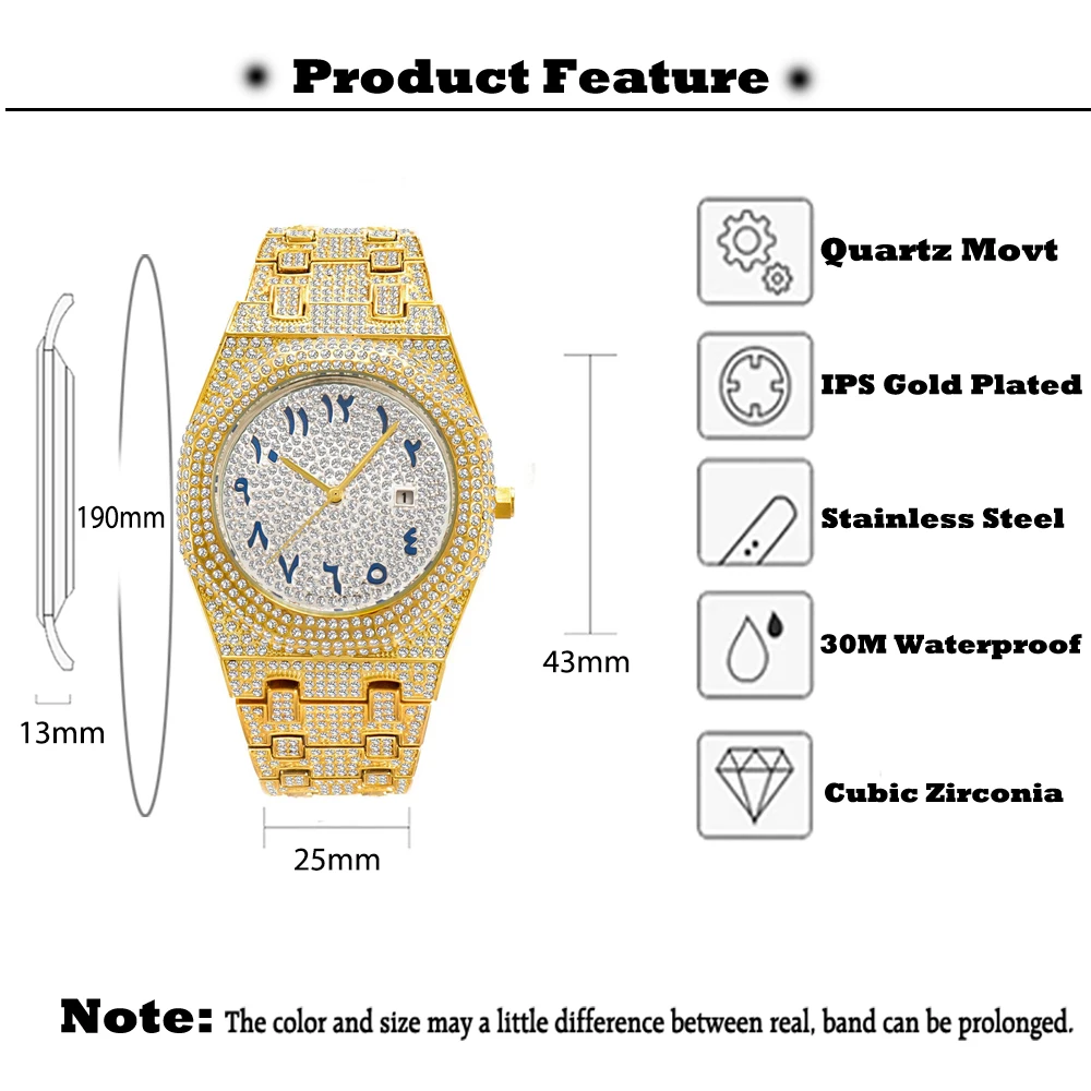 Male Luxury Watch Gold Octagon Diamond Quartz Men\'s Wristwatches Iced Out Calendar Waterproof Clock Look Expensive Dropshipping