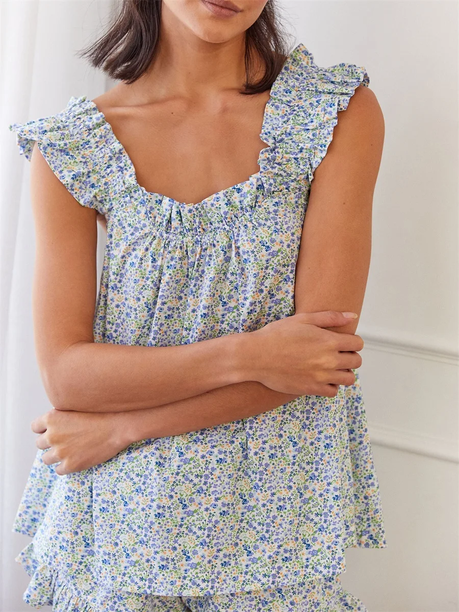 Ensemble de pyjama 2 pièces à manches volantes pour femmes, camisole à imprimé floral, short décontracté, ensembles de vêtements de nuit