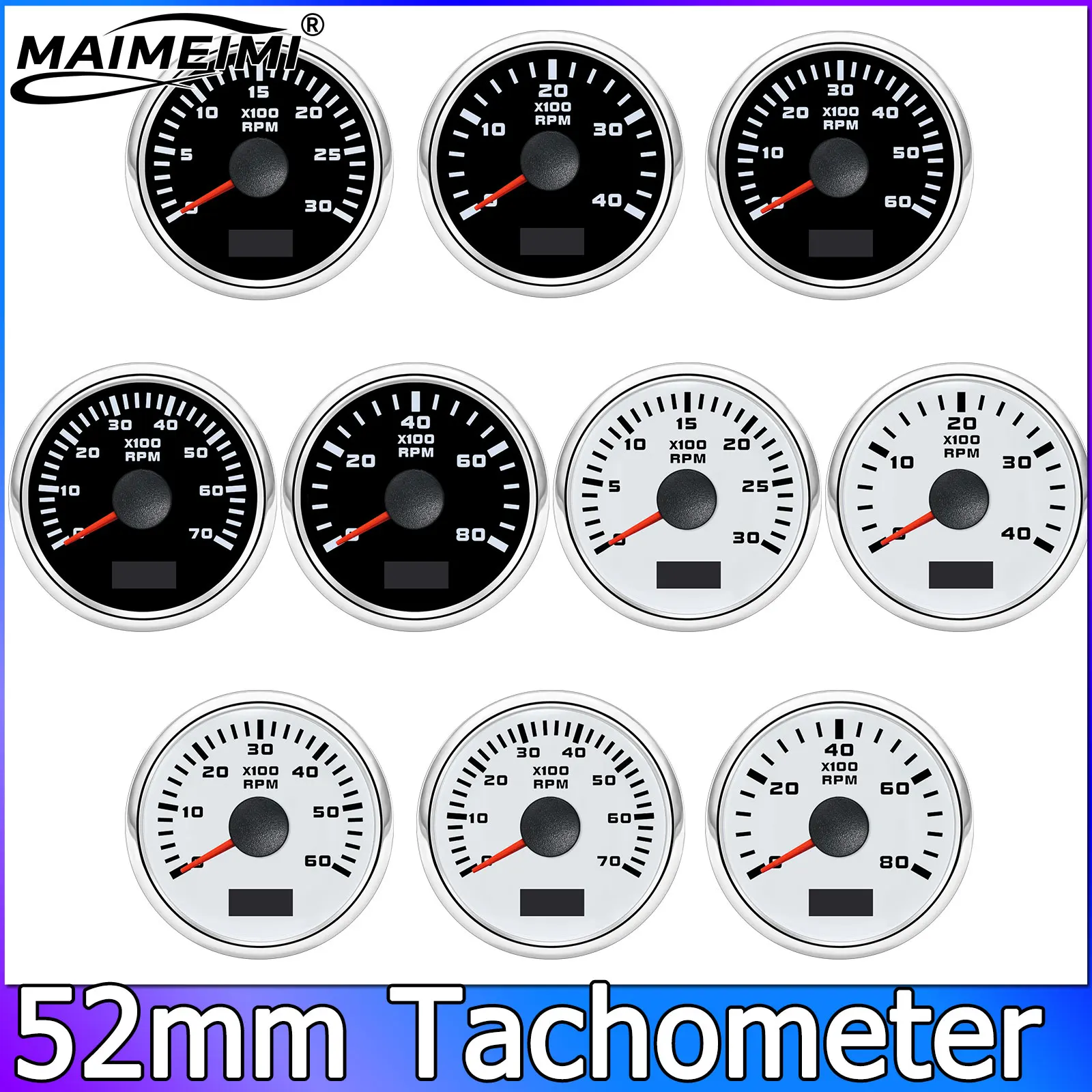 52mm Tachometer LCD Display Tach Hour Counter Meter For Motor Engine Boat 3000 4000 6000 7000 8000 RPM Meter Red Backlight