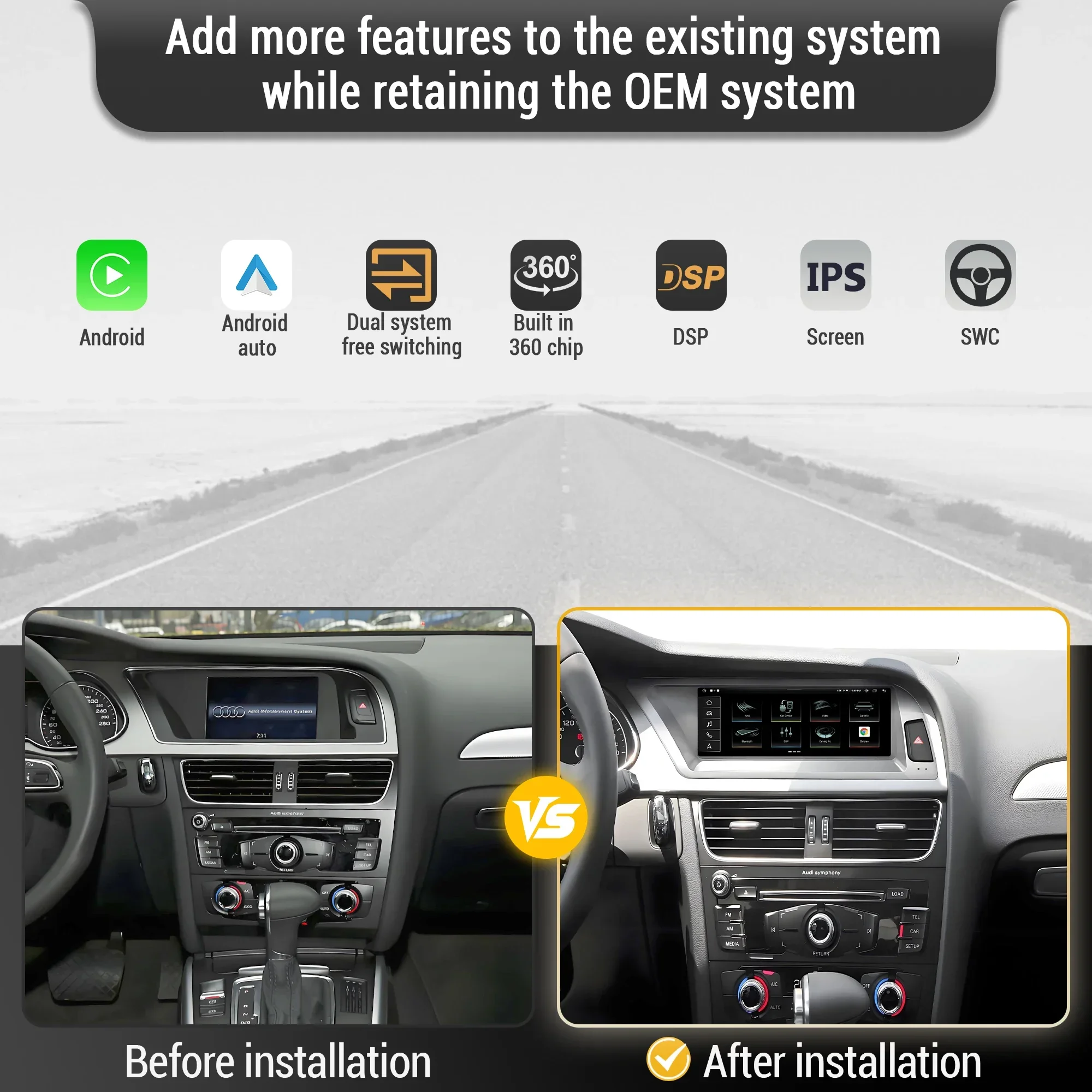8.8 inch Left Hand Drive Android 13 For Audi A4 2009-2012 Car Radio Wireless BT Carplay Head Unit Qualcomm Snapdragon 680 Screen