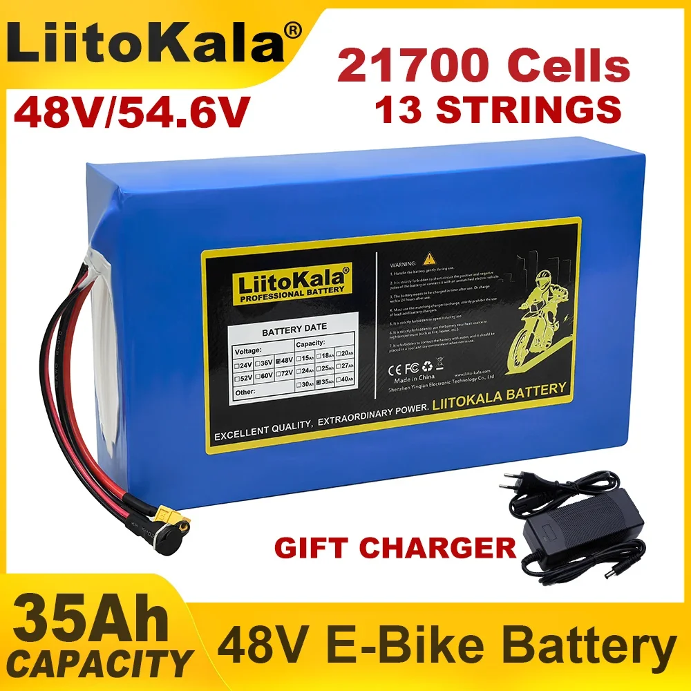 LiitoKala 48V 35Ah E-bike 13s7p 21700 Lithium Battery Pack 1200w 1440w Built in BMS For Electric Bike E-Scooter 54.6v 2A Charger