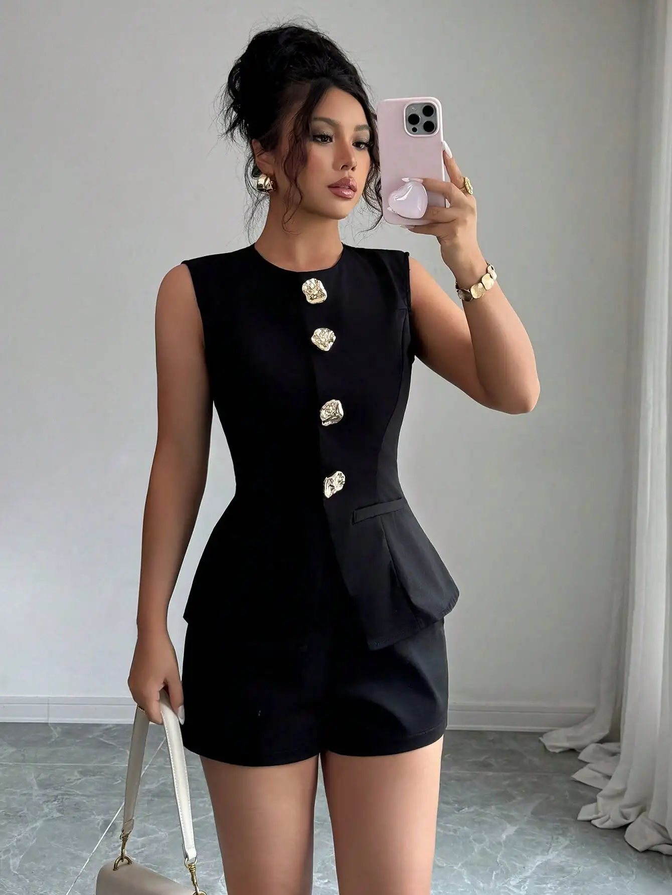 Black Women's Two-Piece Set with Gold Buttons & Peplum Waist, Sleeveless Top & Shorts for Office, Summer, Back to School