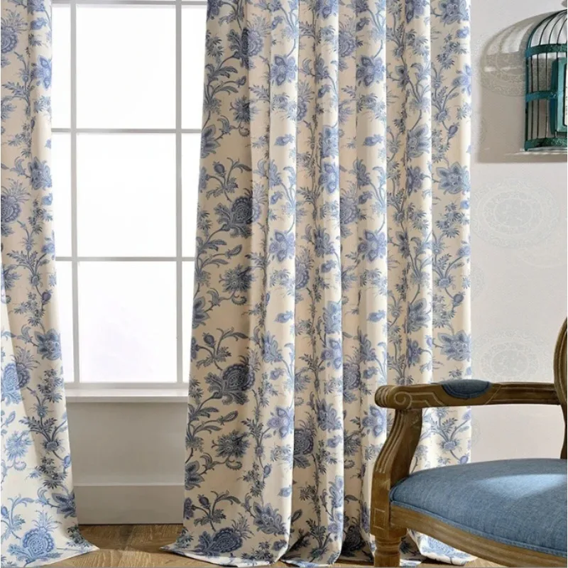 Modern Simple Chinese Style Celadon Retro Flower Blackout Curtains Living Room Bedroom Curtains