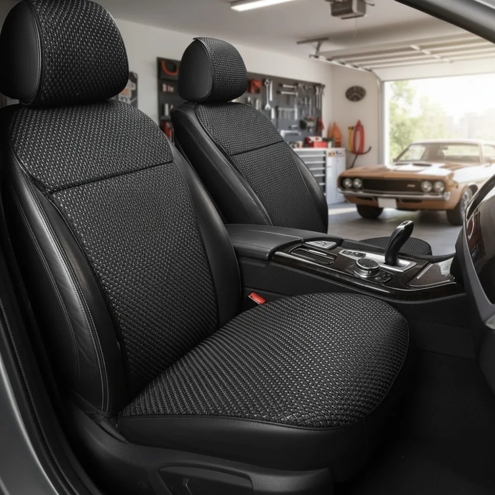 

Универсальные чехлы на автомобильные сиденья, дышащая защита на 4 сезона, нескользящая конструкция для большинства автомобилей и внедорожников (черный + серый, 2 шт.)