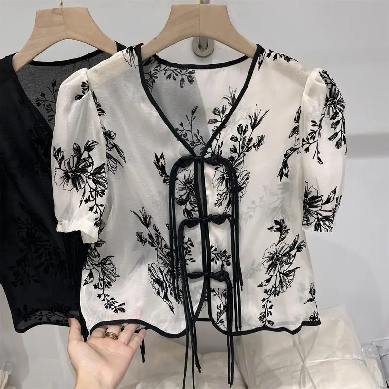 Ink Printed Chiffon Shirt Summer Camisas Chemise Femme Рубашка Camisas De Mujer Crop Top New Shirts & Blouses Blusas