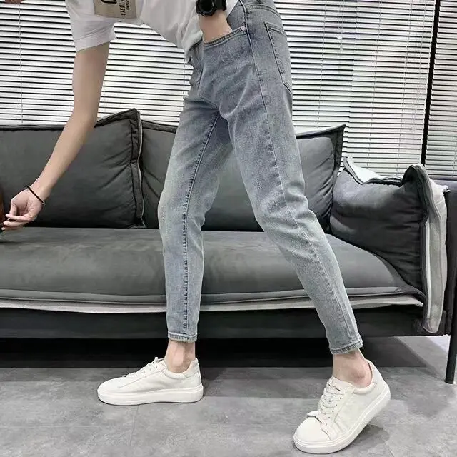 

Summer Thin 2025 Ripped Jeans Men's Korean Trendy Elastic Denim Slim Fit Small Feet Light Color Trendy Pants Trousers Man