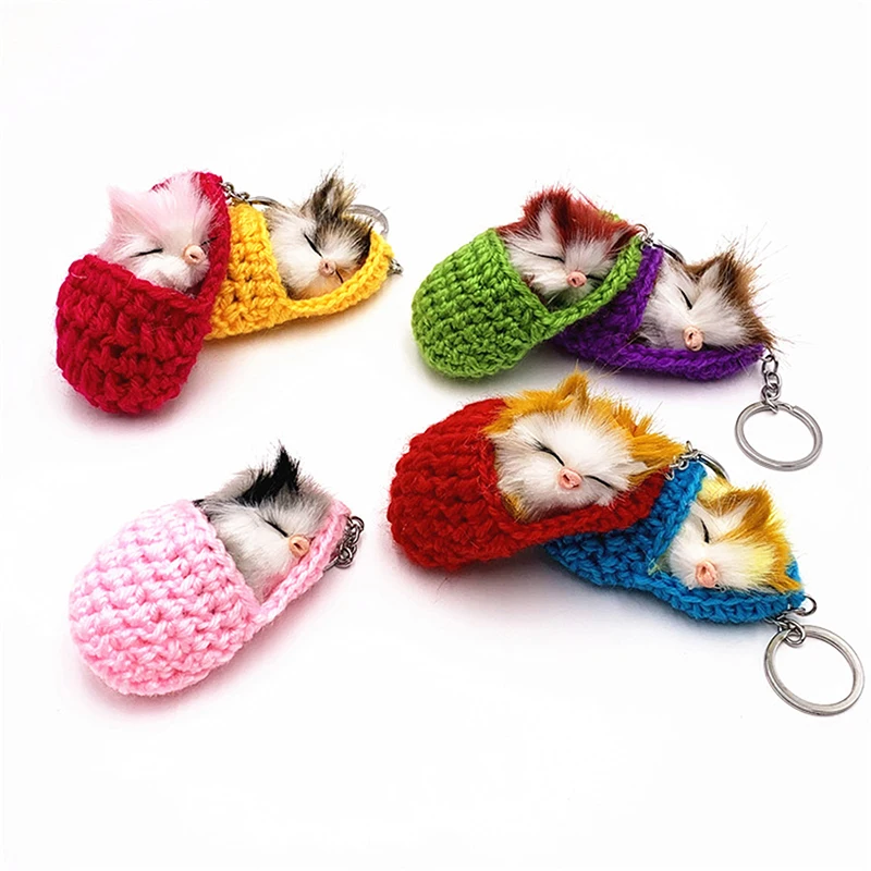 Cute Sleeping Cat Keychain Slipper Cat Plush Pendant Car Key Chain Simulation Animal Plush Toys Bag Pendant Keychain Ornamental