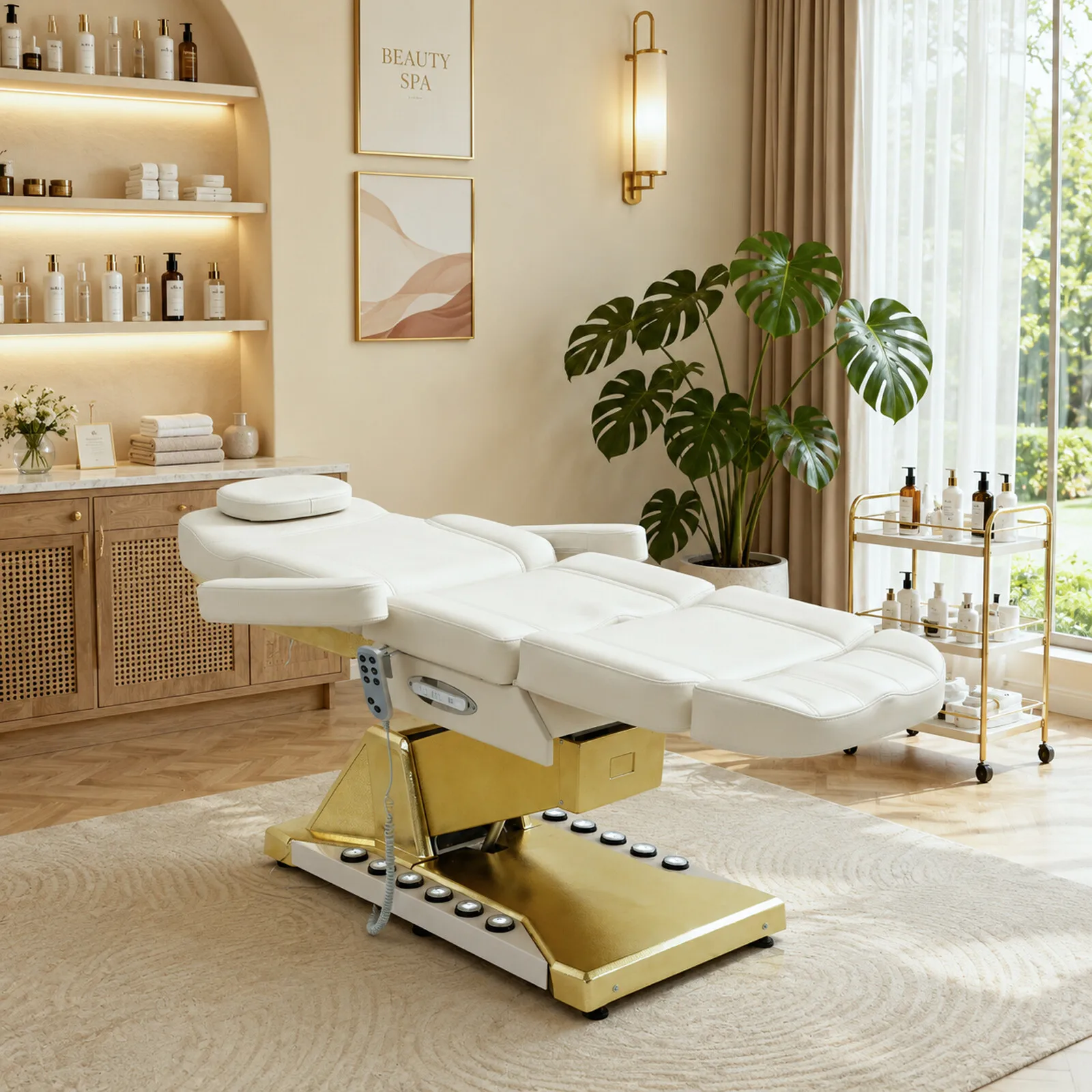 Electric Beauty Bed Gold Base Height Adjustable Spa Facial Chair Multi‑Angle Recline Tattoo Massage Chair for Salon Clinic