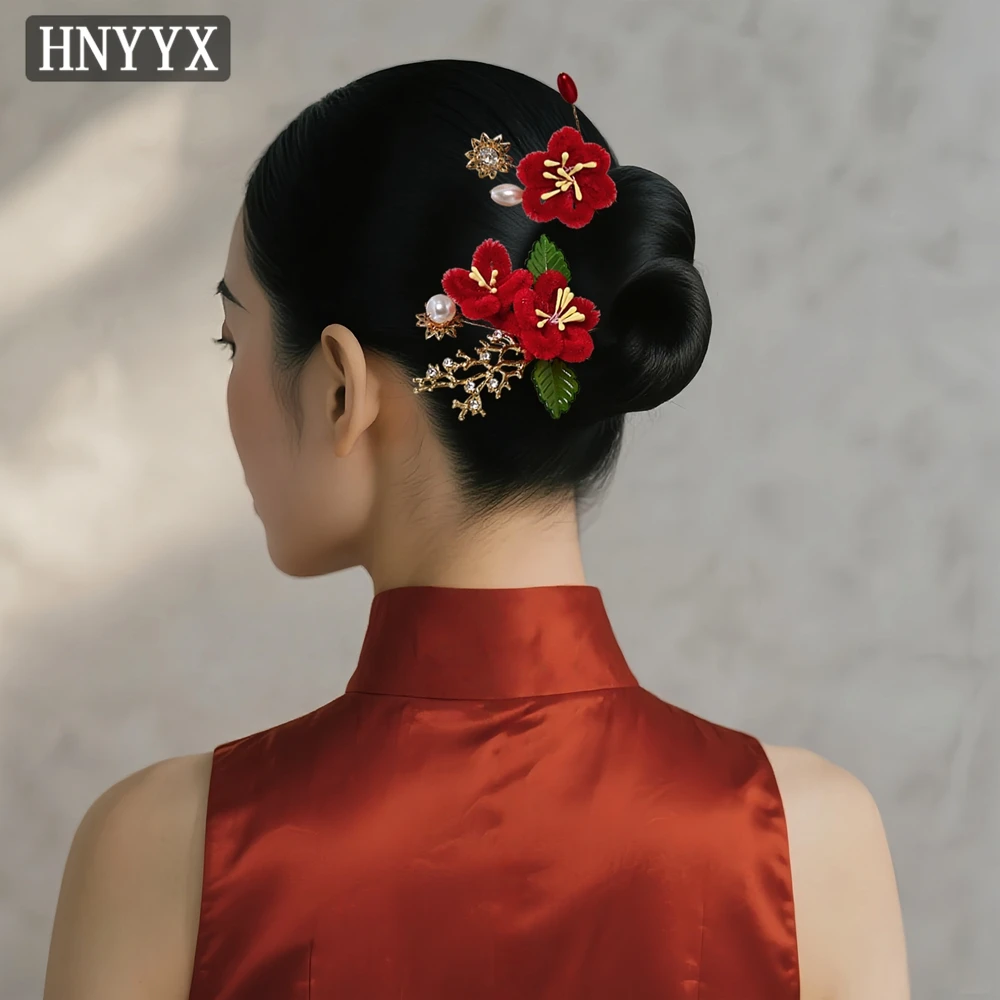 

HNYYX New Chinese Style Hairpin Red Flowers U-shaped Hair Clips Elegant Headdresses Bridal Cocktail Dress Hair accessories A393