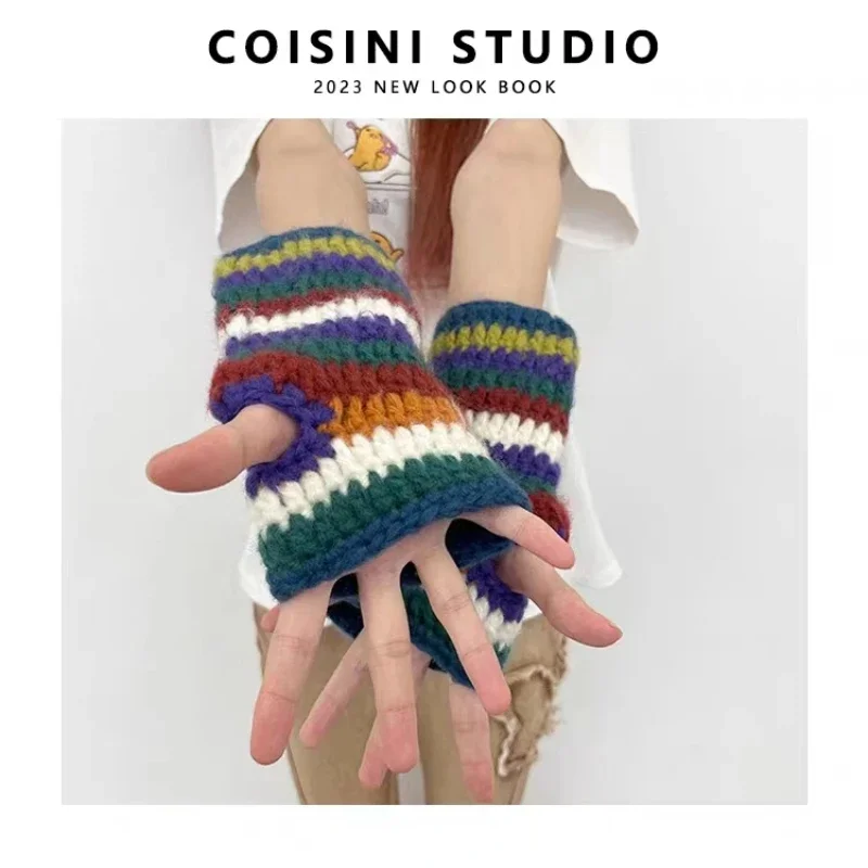 Regenbogen gestreifte gestrickte Eimer hüte für Frauen Herbst Winter warme Panama Y2k Mützen mit Handschuhen Tasche Designer niedlichen lustigen Hut