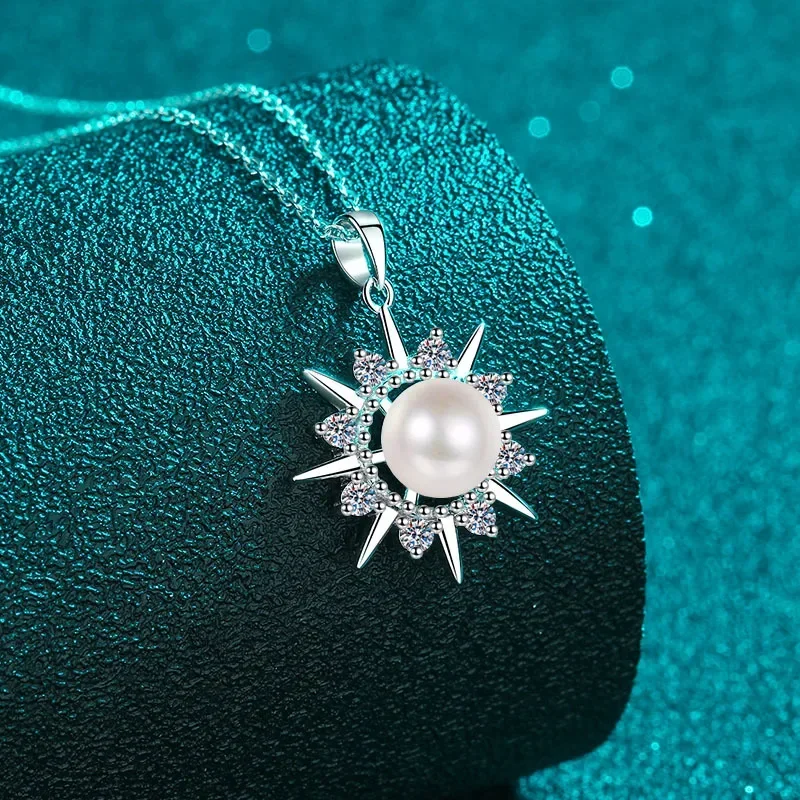 Sparkling Sunflower 0.32ct Moissanite Pendant Collarbone Chain with 8mm Pearl for Women, Luxury PT950 Platinum Wedding Necklace