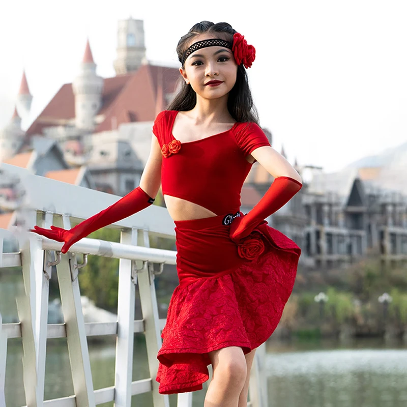 Latin Dance Dress for Girls Kids Summer New Short sleeved Large Swing Dress Ballroom Cha Cha Performance Wear Stage Costume XH94