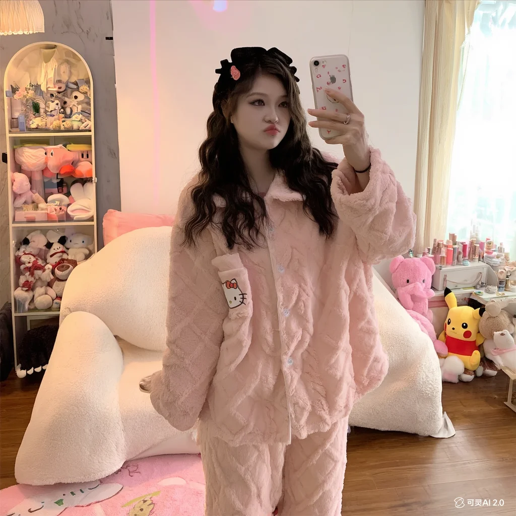 

Kawaii Sweet Hello Kitty Cute Girl Spring Autumn Long Sleeves Fresh Sanrio Loose Leisure Exquisite Home Service Commuting Girl