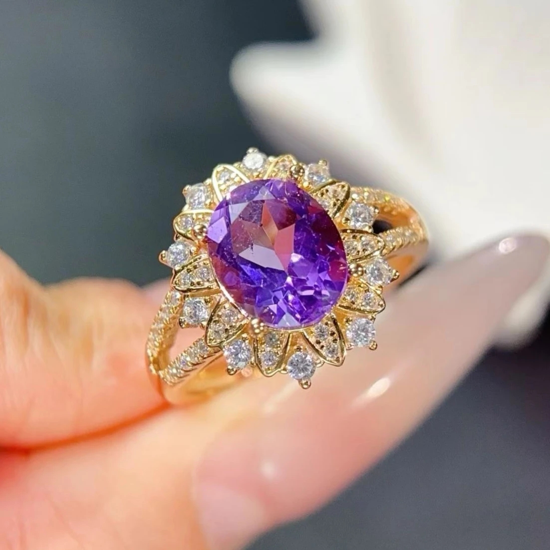 

Vintage Natural Amethyst Ring 925 Silver Purple Gemstone Floral Halo Design 18K Gold Filled Ring with Certificate for Women