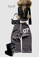 Y2K Suit Womens Vintage 2000s Hip-hop Women Loose Street fur collar pullover Jacket Zip Hoodies OOTD high quality Two-piece Set